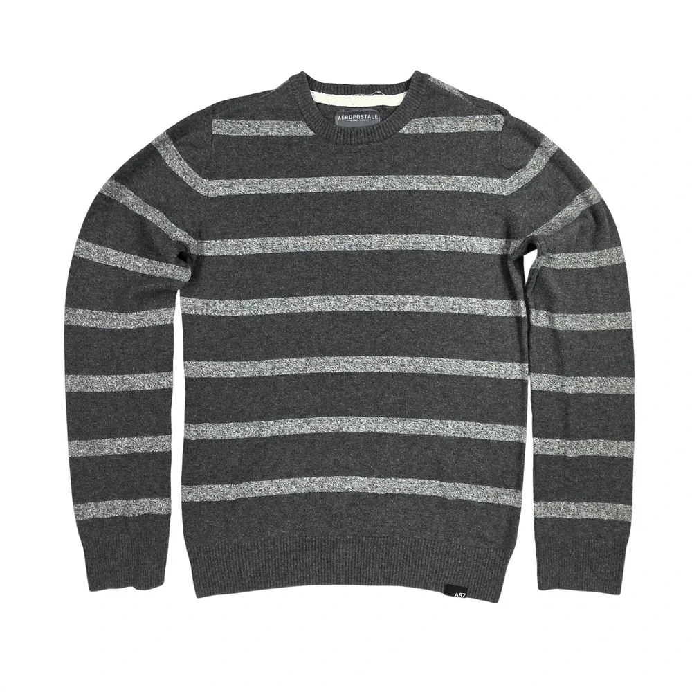 Aeropostale A87 Mens Small Gray Striped Crewneck Cotton Wool Blend Sweater